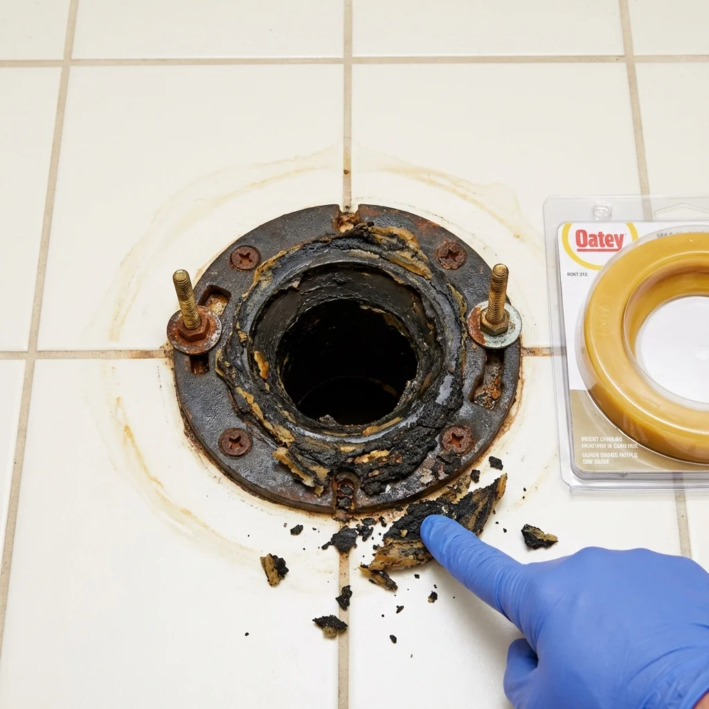 Failed wax ring showing water seepage at the base of a toilet in a Sheffield, AL home