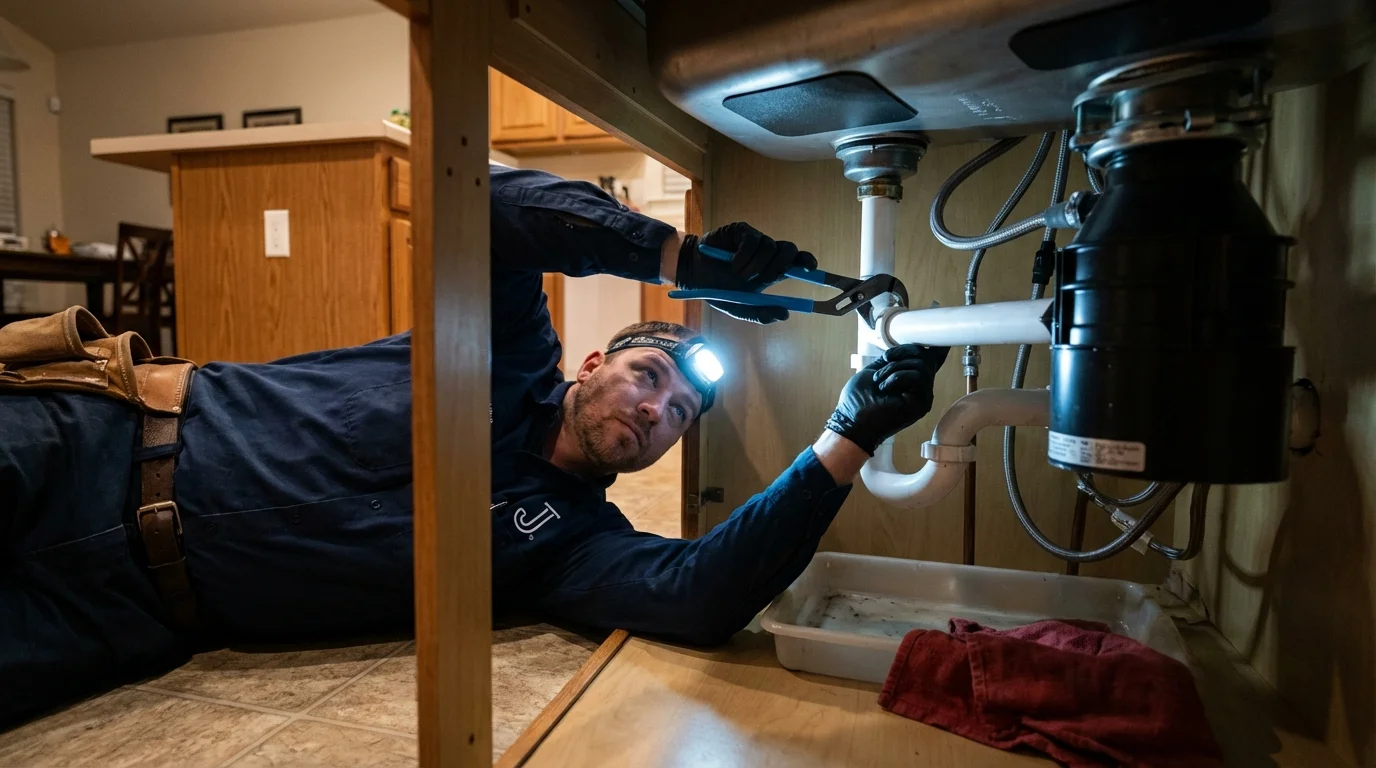 P-trap and supply line connections under a kitchen sink showing a common leak point in Sheffield, AL